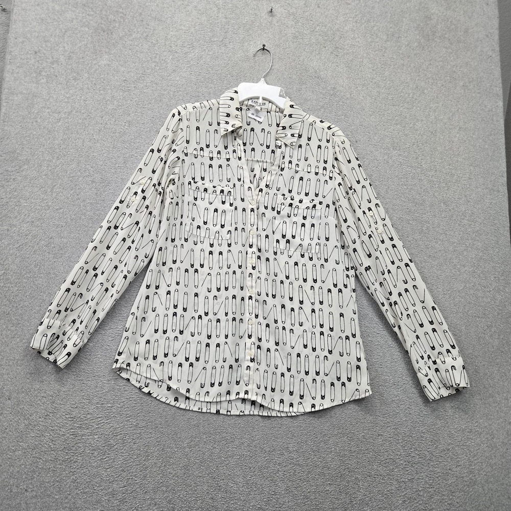 Express Women Button Up Shirt L White The Portofino Shirt Safety Pin Allover